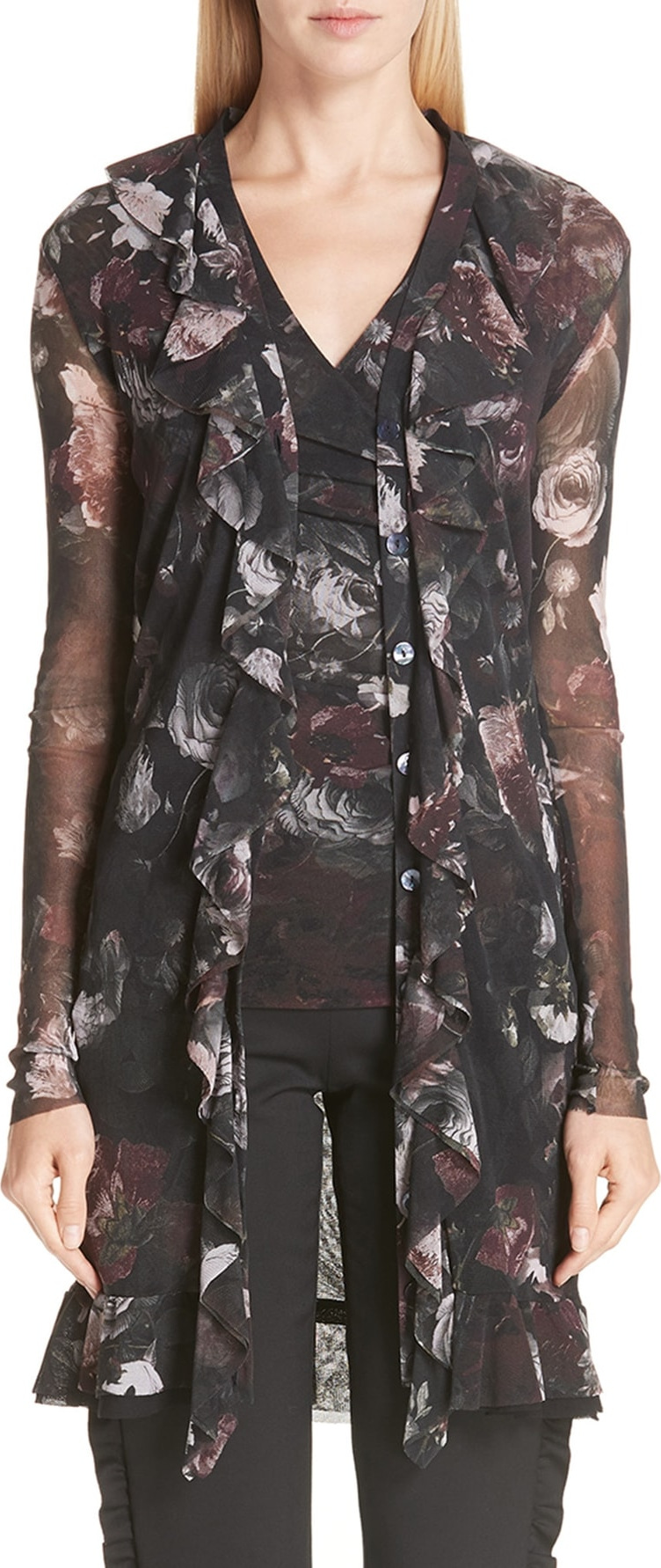 Fuzzi Floral Print Ruffle Cardigan