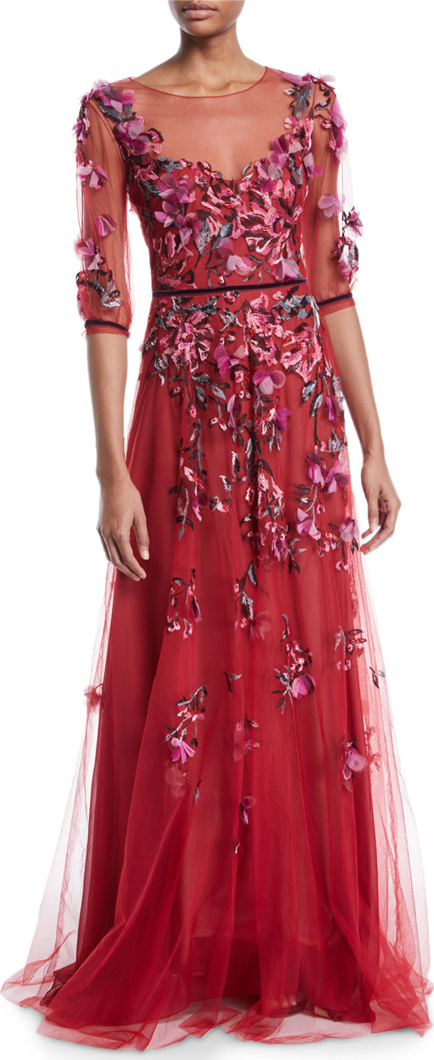 Marchesa Notte Slit-Sleeve Allover Bead & Tulle Gown