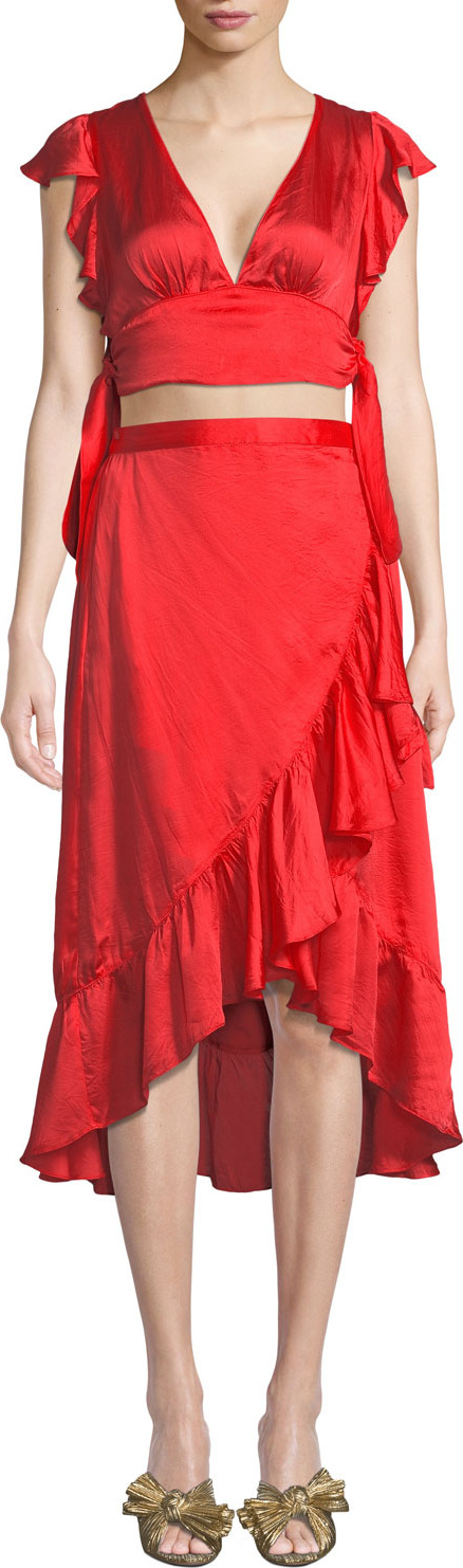 Saylor Amira V-Neck Cutout-Waist Asymmetric-Ruffle High-Low Satin Dress