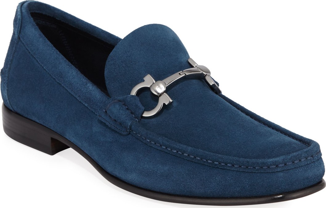 Salvatore Ferragamo Men's Fiordi Suede Loafers with Gancini Bit