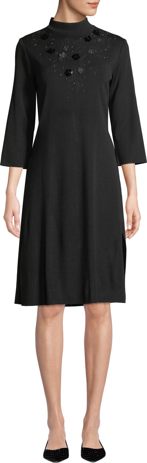 Misook 3/4-Sleeve Flower Applique A-Line Dress