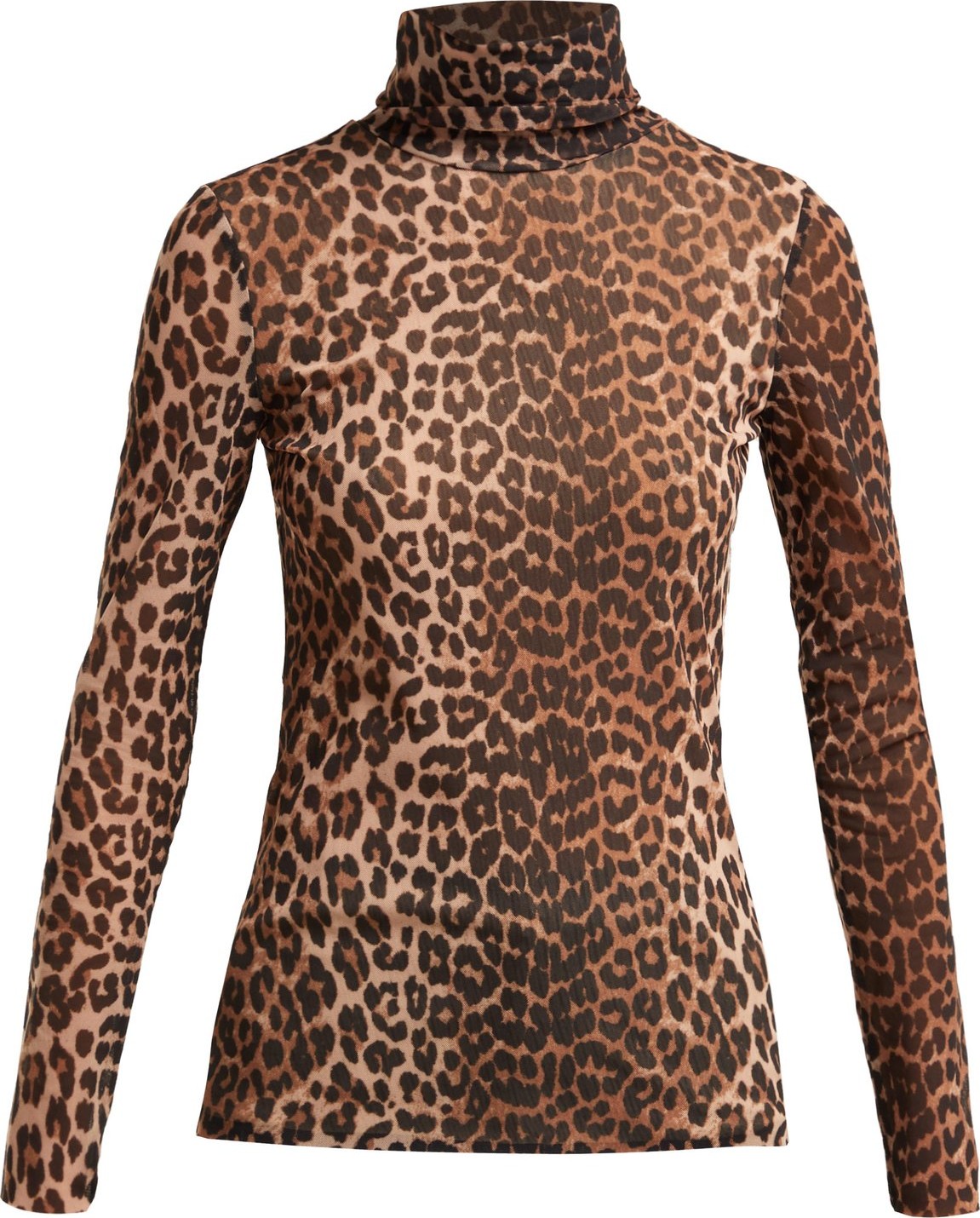 Ganni Tilden roll-neck leopard-print mesh top
