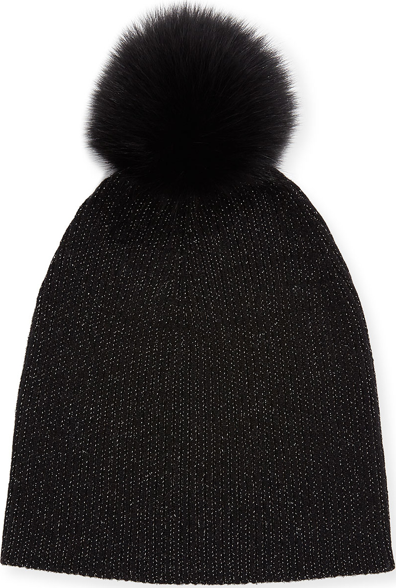 Sofia Cashmere Metallic Knit Fur-Pom Beanie Hat