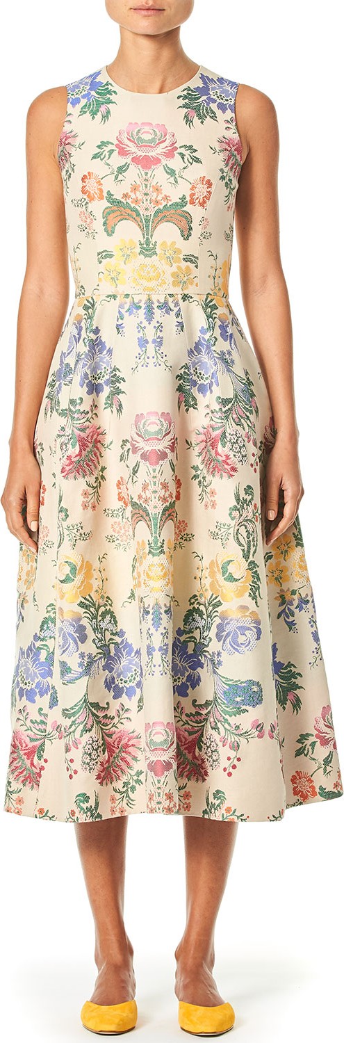 Carolina Herrera Sleeveless Peony-Print Poplin Midi Dress