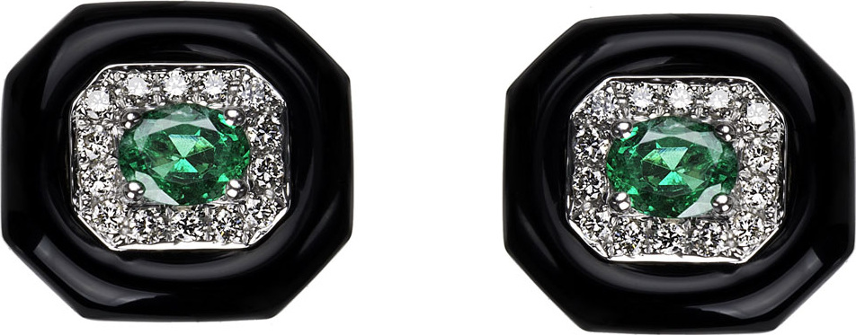 Nikos Koulis 18k White Gold Oui Diamond & Emerald Stud Earrings