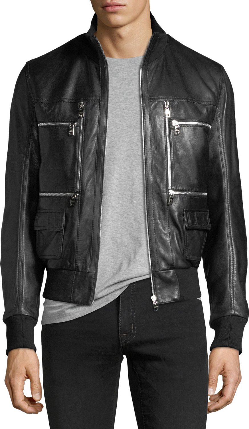 Dolce & Gabbana Leather Bomber Jacket with Zipper Pockets