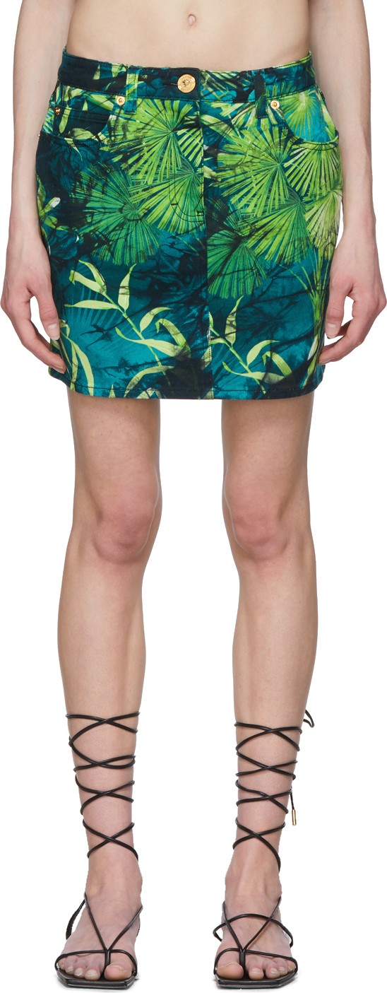 Versace Green Denim Jungle Print Miniskirt