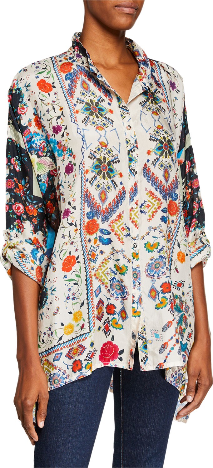 Johnny Was Miya Button-Front Mixed-Print Silk Georgette Blouse