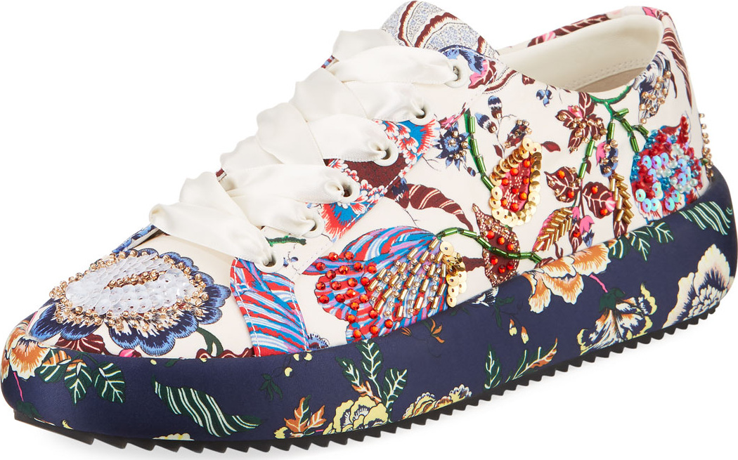 Tory Burch Kacey Embellished Floral Leather Low-Top Sneakers