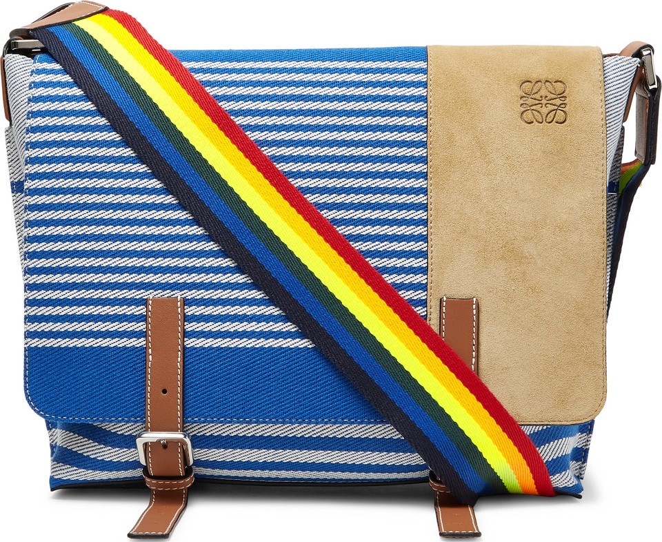 LOEWE Milit S Leather and Suede-Trimmed Striped Canvas Messenger Bag