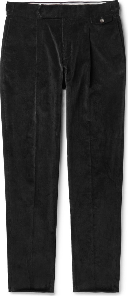 Caruso Black Tapered Pleated Cotton-Blend Corduroy Trousers