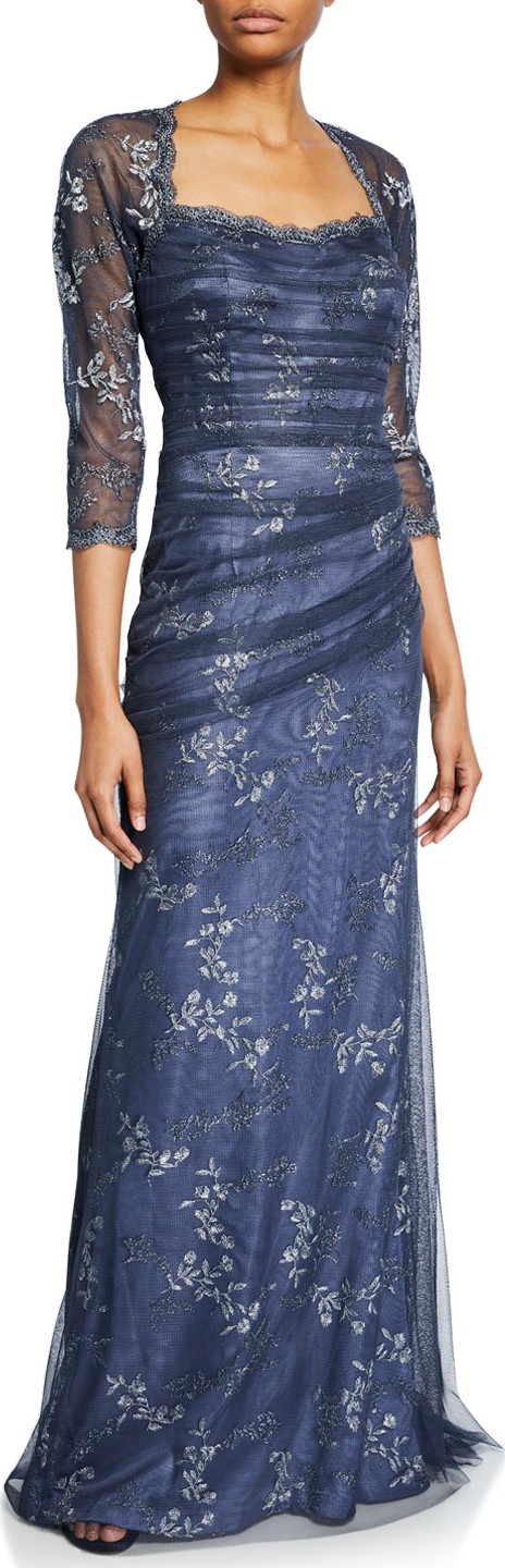 Rickie Freeman for Teri Jon 3/4-Sleeve Satin Gown with Tulle Overlay & Floral Embroidery