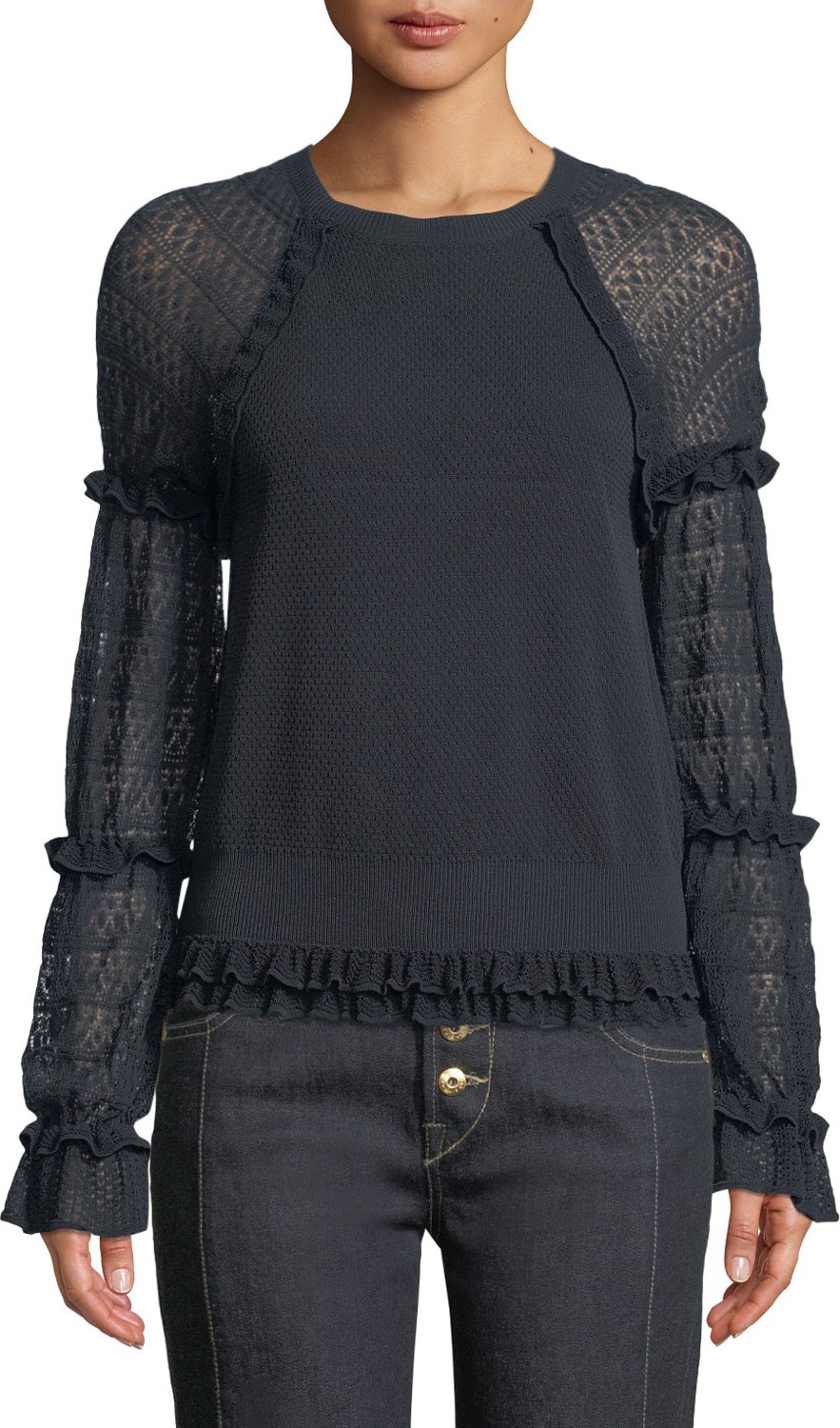 Jonathan Simkhai Pointelle Ruffle Long-Sleeve Top