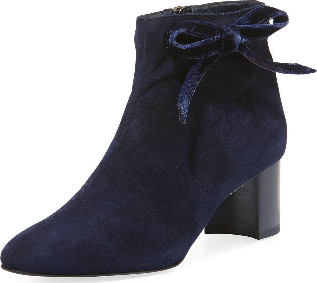 Manolo Blahnik Dilov Velvet-Bow Suede Block-Heel Bootie