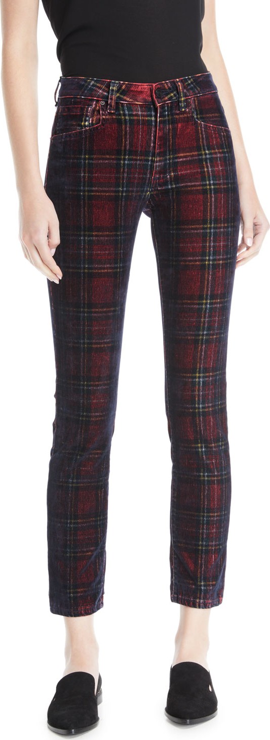 Acynetic Kelly Velvet Plaid Skinny-Leg Pants