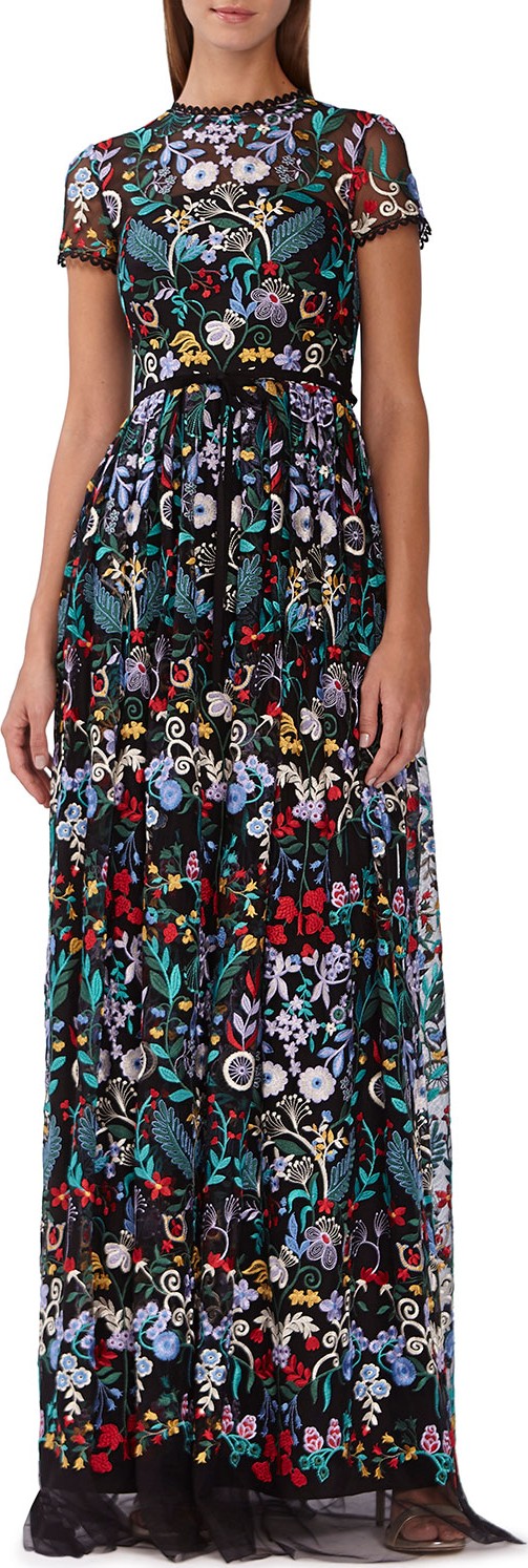 ML Monique Lhuillier Floral-Embroidered Mesh Maxi Dress