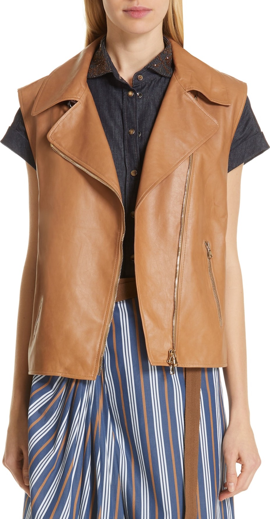 Brunello Cucinelli Monili Trim Leather Moto Vest