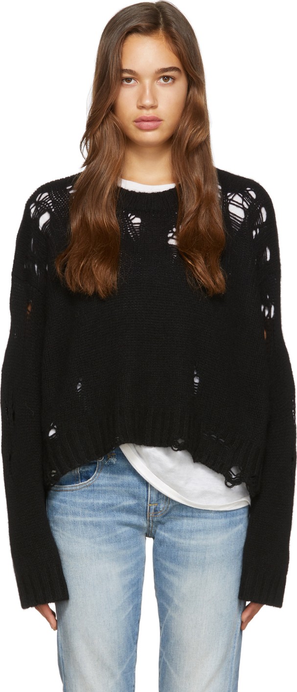 R13 Black Shredded Side Slit Sweater