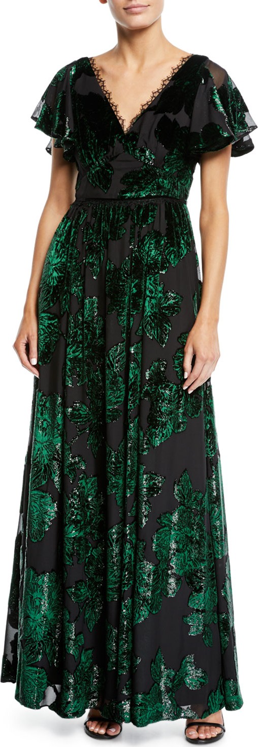 Marchesa Notte V-Neck Velvet Burnout Lace-Trim Gown