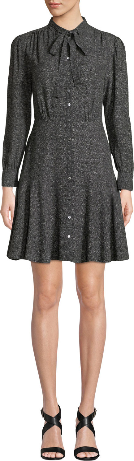 Rebecca Taylor Tie-Neck Button-Front Long-Sleeve Sprinkle-Dot Silk Dress