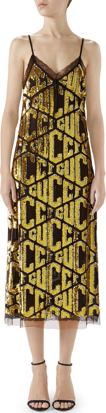 Gucci V-Neck Sleeveless Logo-Sequined Tulle Slip Cocktail Dress w/ Lace