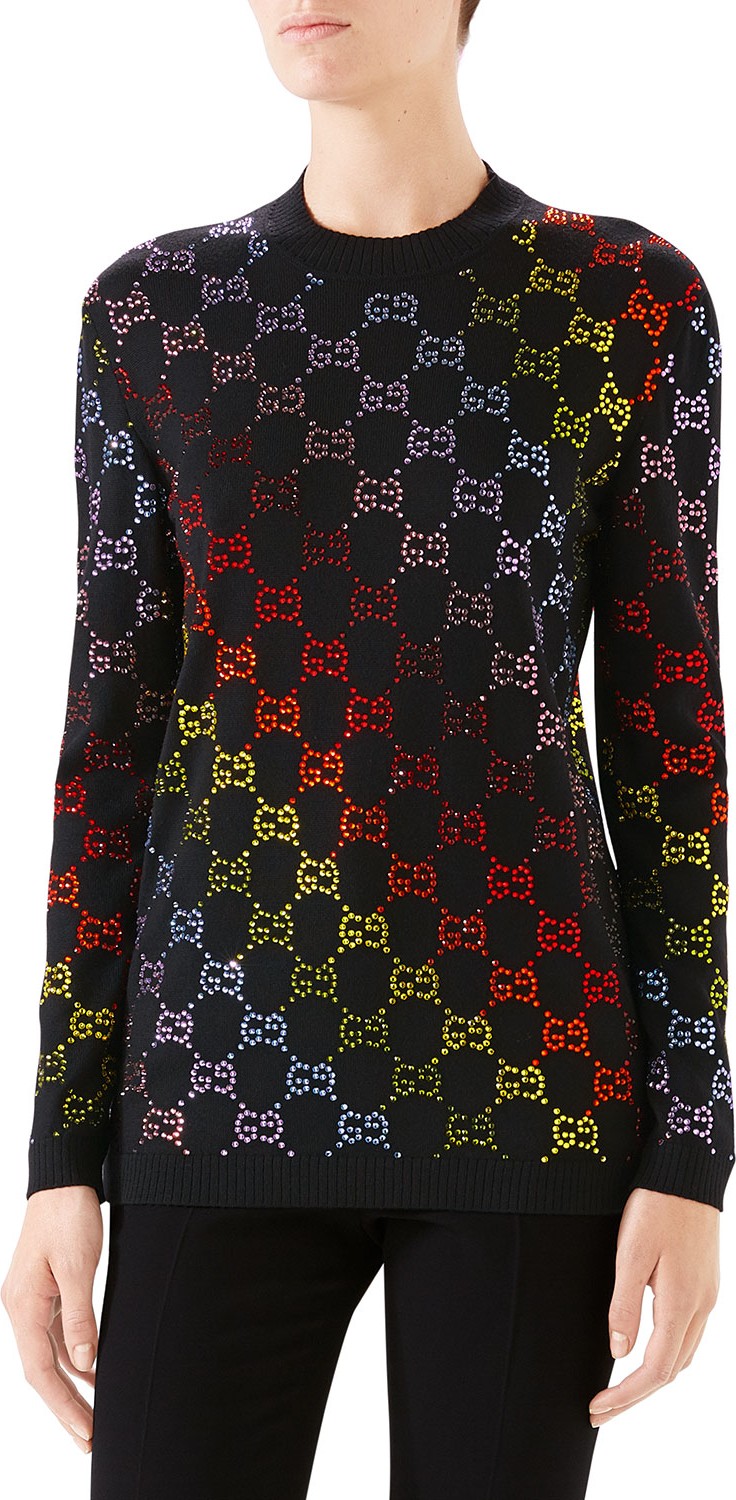 Gucci Rainbow-Rhinestoned Wool Sweater