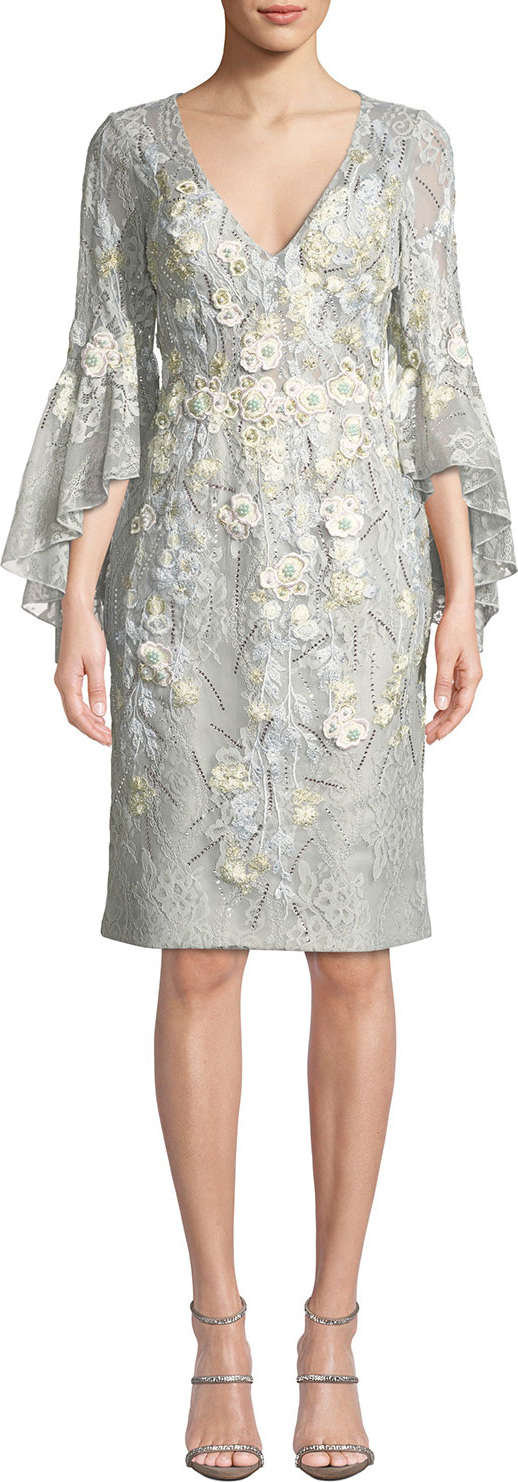 Jovani Trumpet-Sleeve Sheath Dress w/ Floral Embroidery