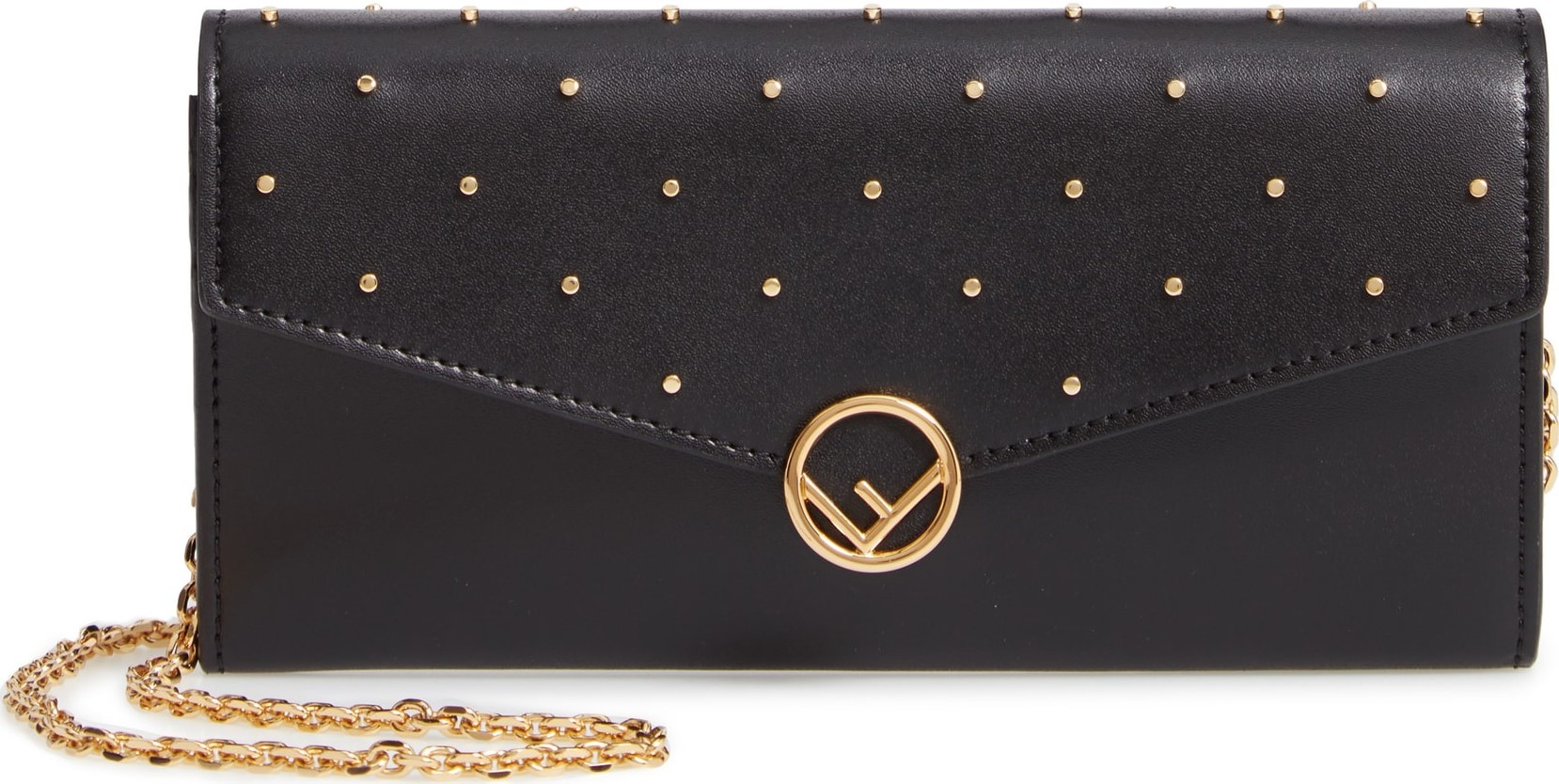 Fendi Studded Calfskin Leather Continental Wallet on a Chain