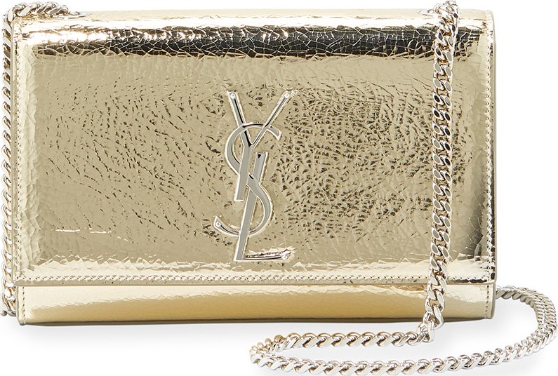 Saint Laurent Kate Monogram YSL Small Crackled Metallic Leather Crossbody Bag - Silvertone Hardware