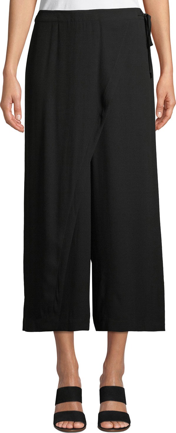 Eileen Fisher Wrap-Front Wide-Leg Cropped Silk Pants