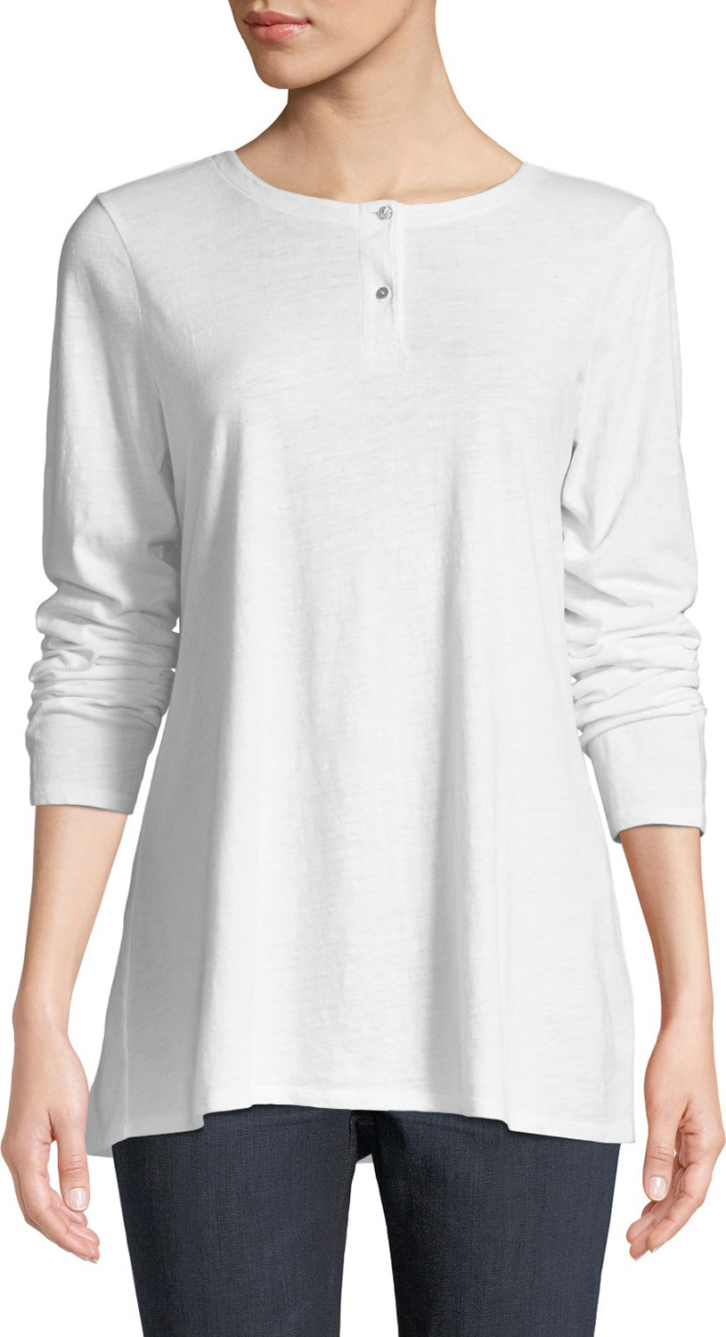 Eileen Fisher Slub Jersey Button-Neck Long-Sleeve Tee