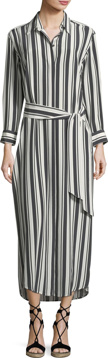 Marie France Van Damme Button-Front Long-Sleeve Striped Silk Coverup Maxi Dress