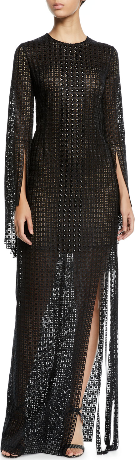 Akris Round-Neck Secret-Curtain Fringe-Bottom Evening Gown