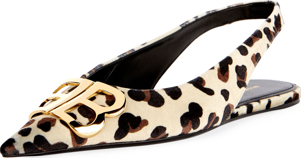 Balenciaga BB Knife Leopard Velvet Slingback Flat