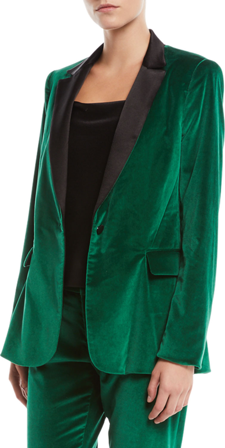 Alice + Olivia Macey One-Button Fitted Velvet Tuxedo Blazer