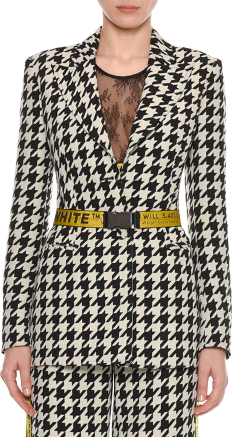 Off White Single-Breasted Houndstooth Wool Jacket with Embossed Belt
