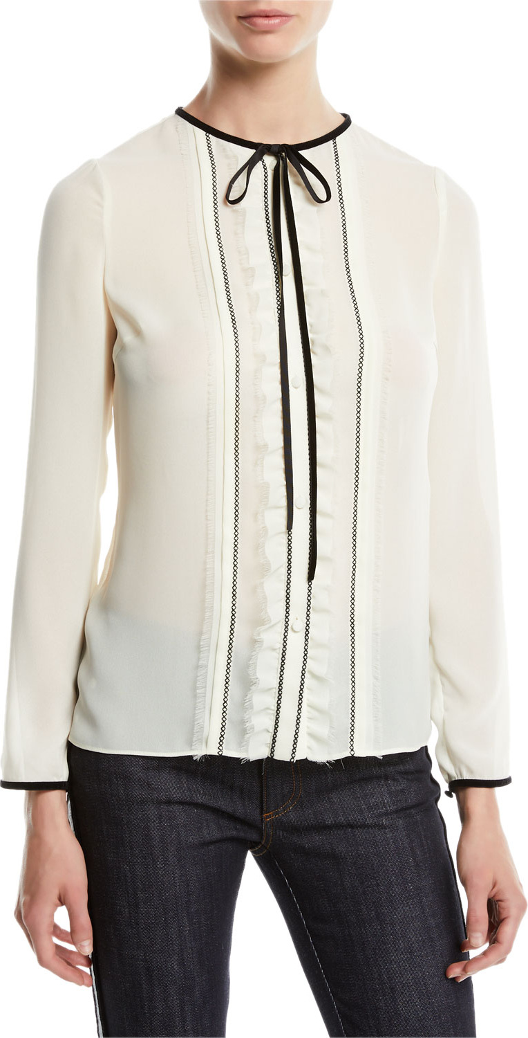 RED Valentino Long-Sleeve Georgette Tie-Neck Blouse