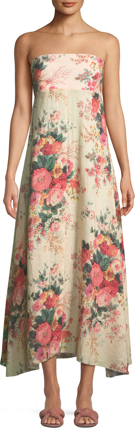 Zimmermann Melody Strapless Floral-Print Linen Maxi Dress