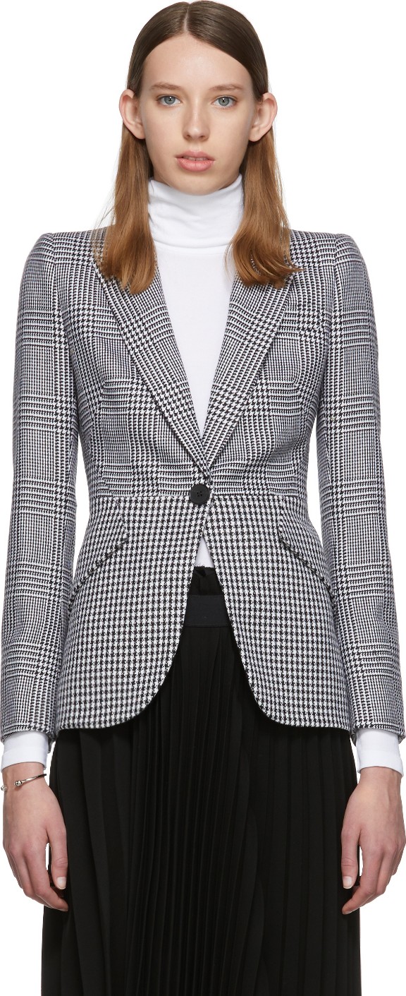 Alexander McQueen Black & White Houndstooth Wool Prince of Wales Blazer