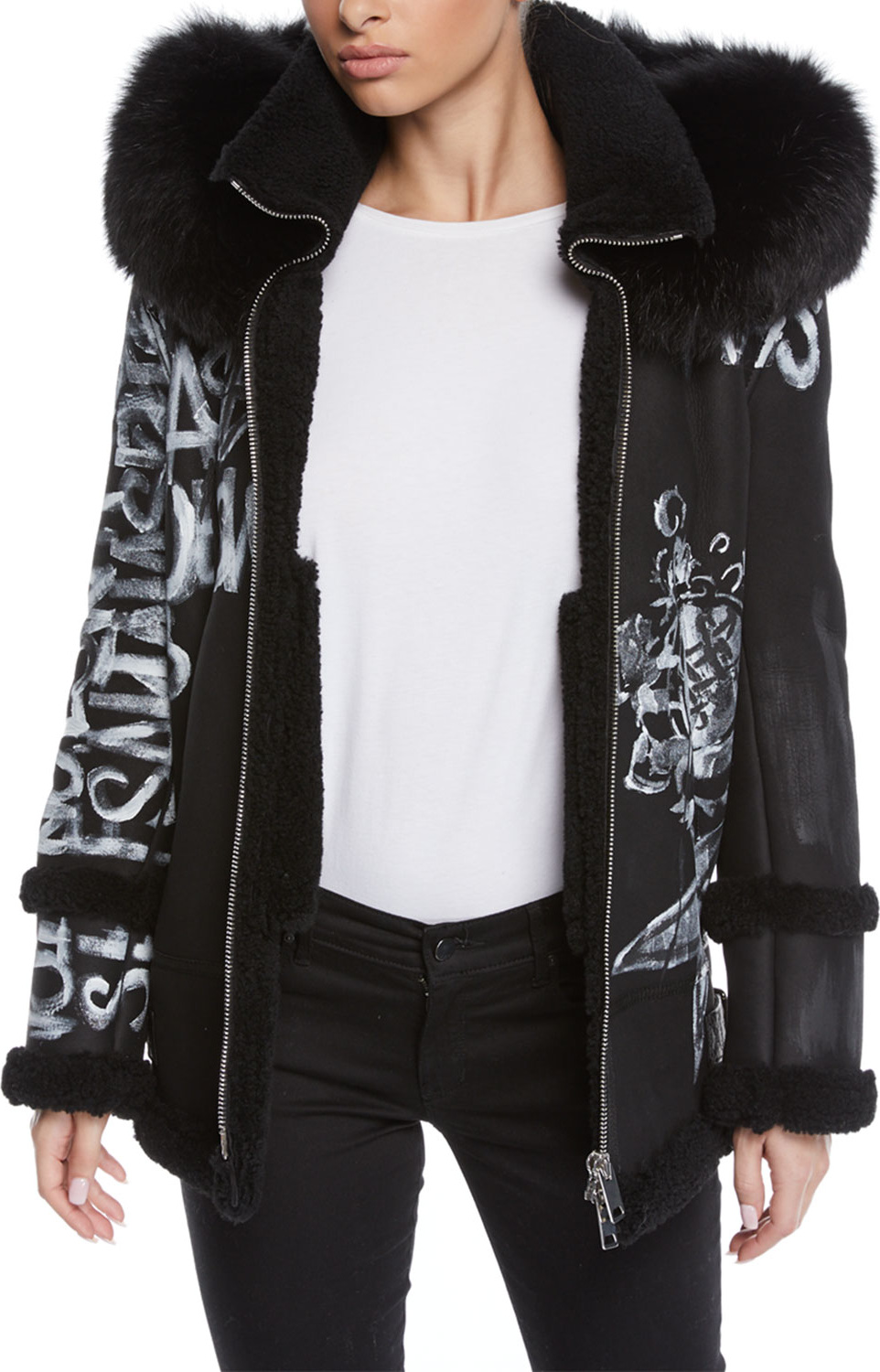 Mr&Mrs Italy Graffiti-Print Zip-Front Oversized Biker Jacket w/ Shearling Fur