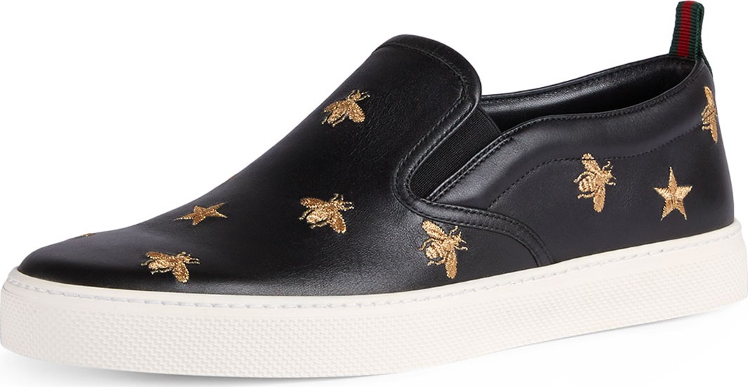 Gucci Men's Dublin Bee & Star Embroidered Leather Slip-On Sneakers