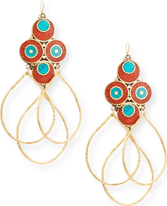 Devon Leigh Turquoise & Coral Triple Hoop Earrings