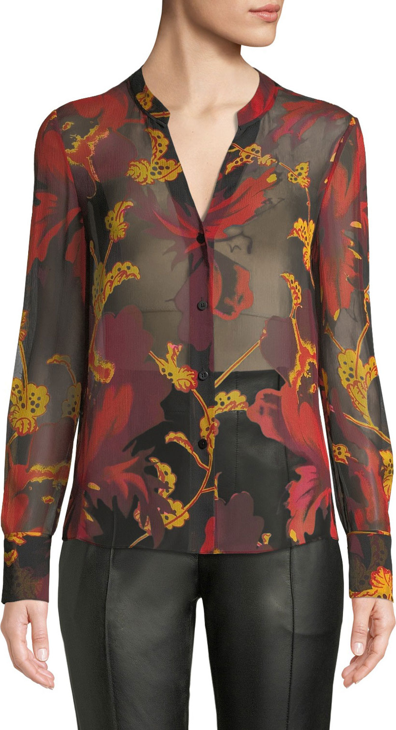 DIANE von FURSTENBERG Karen Sheer Silk Floral Button-Down Top