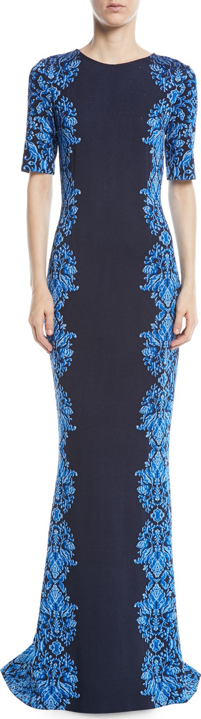 St. John Brocade-Graphic Half-Sleeve Knit Gown