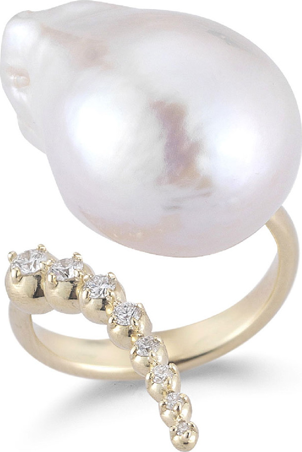 Mizuki Curved Baroque Pearl & Diamond Ring in 14K Gold, Size 7