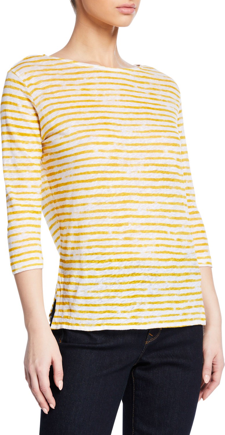 Majestic Boat-Neck 3/4-Sleeve Striped Linen Tee