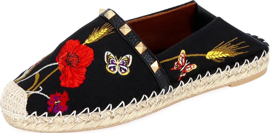 Valentino Flower and Butterfly Embroidered Slide Espadrilles