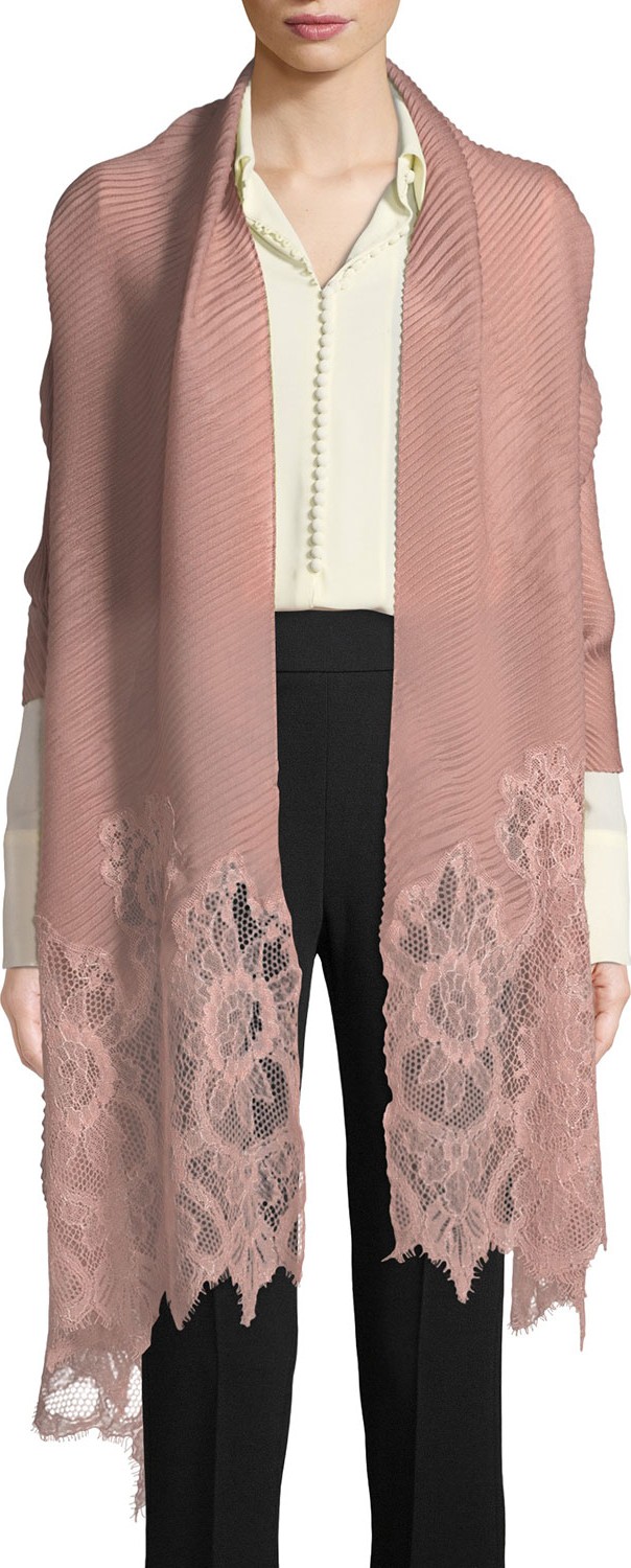 Valentino Plisse Lace-Trim Shawl