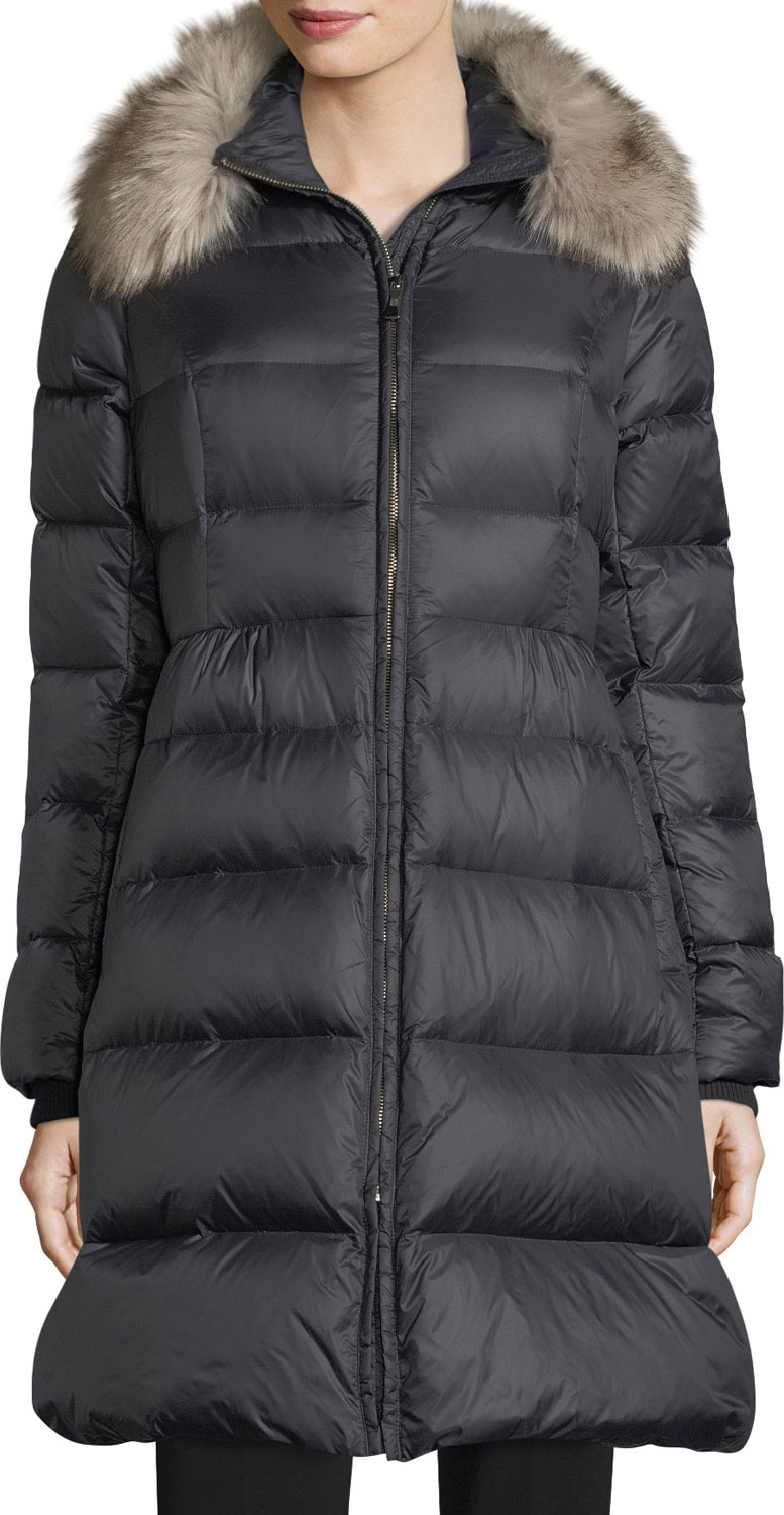Kate Spade New York quilted puffer down skirted coat w/ faux-fur collar