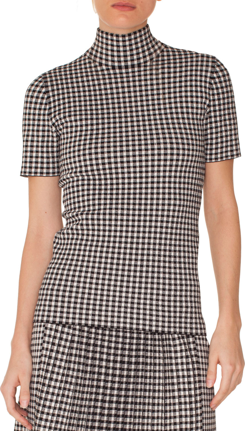 Akris Punto Turtleneck Short-Sleeve Check Knit Top